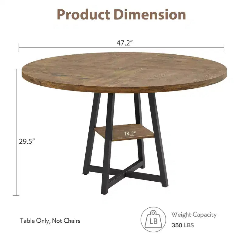 COZONY 47.2 Round Dining Table for 4-6, Industrial Circle Kitchen Table with Storage Shelf, Metal Pedestal Base