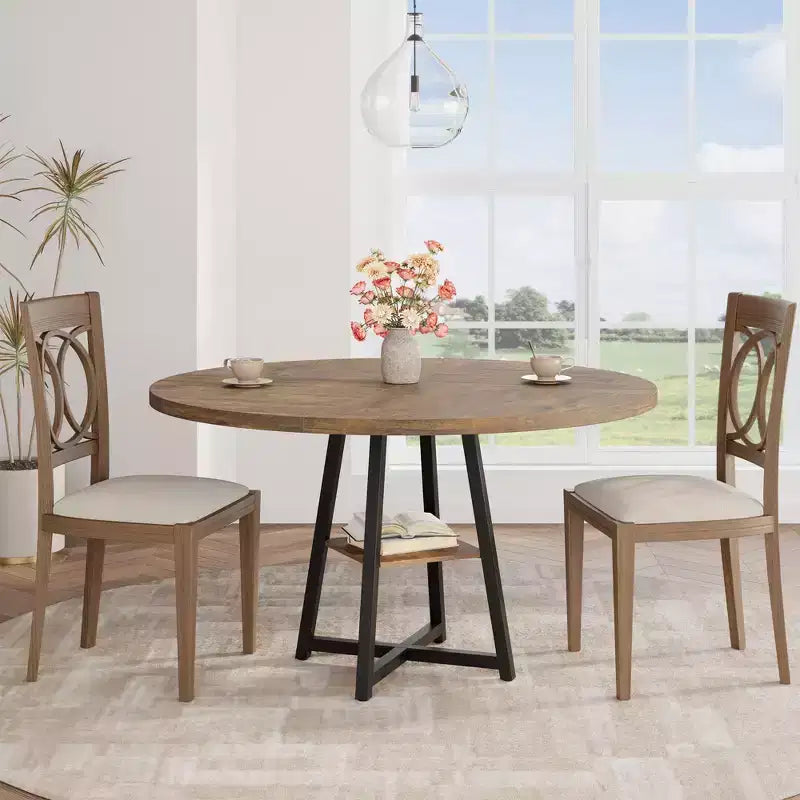 COZONY 47.2 Round Dining Table for 4-6, Industrial Circle Kitchen Table with Storage Shelf, Metal Pedestal Base