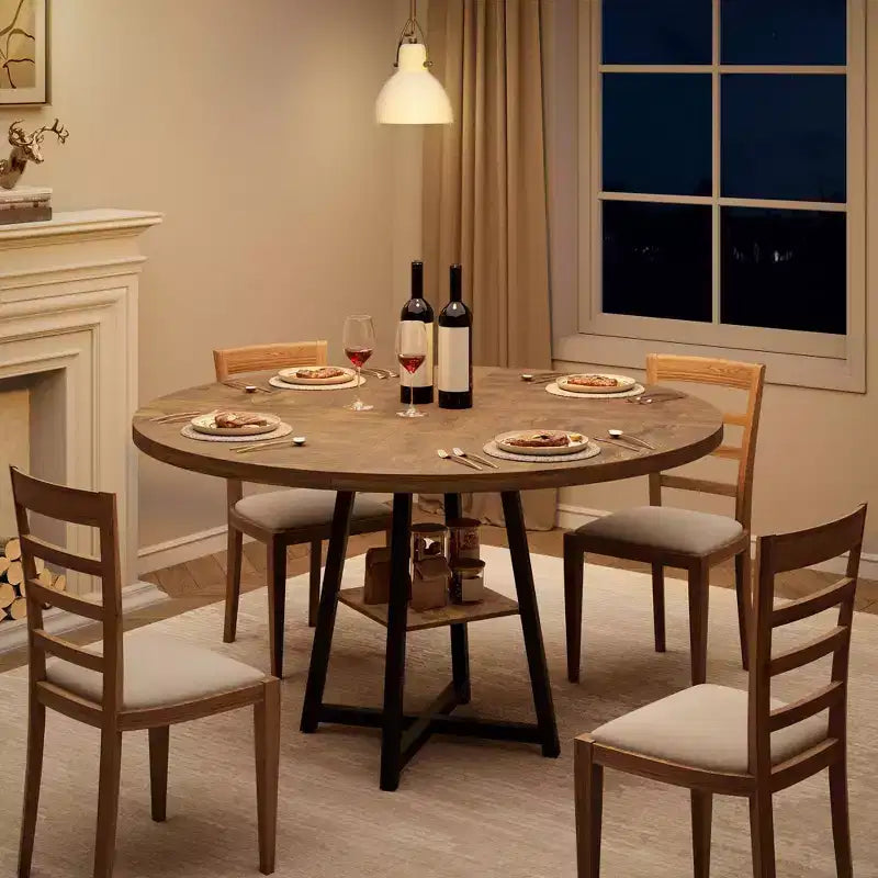 COZONY 47.2 Round Dining Table for 4-6, Industrial Circle Kitchen Table with Storage Shelf, Metal Pedestal Base