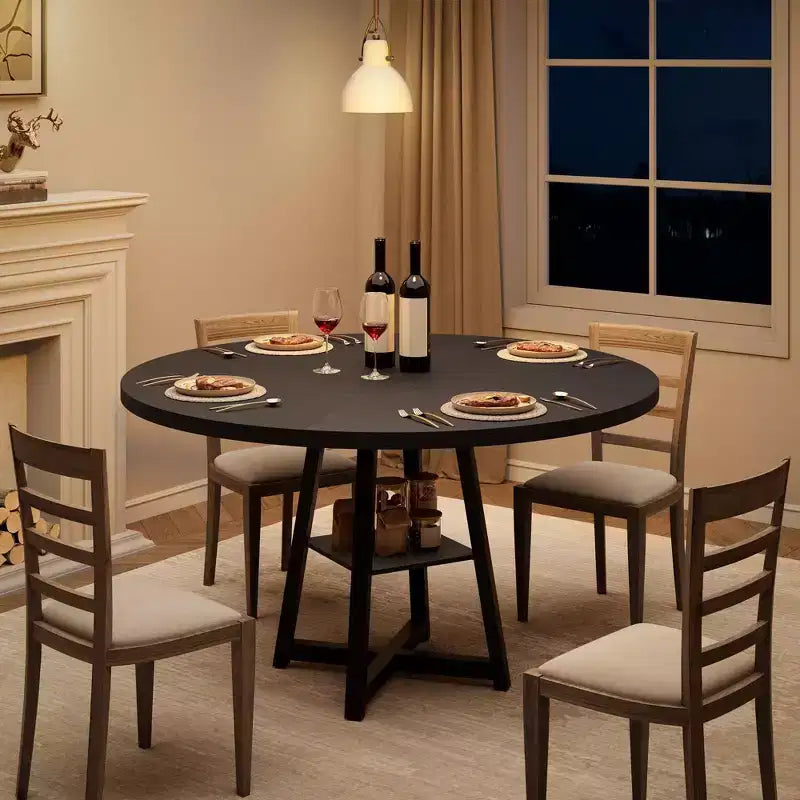 COZONY 47.2 Round Dining Table for 4-6, Industrial Circle Kitchen Table with Storage Shelf, Metal Pedestal Base