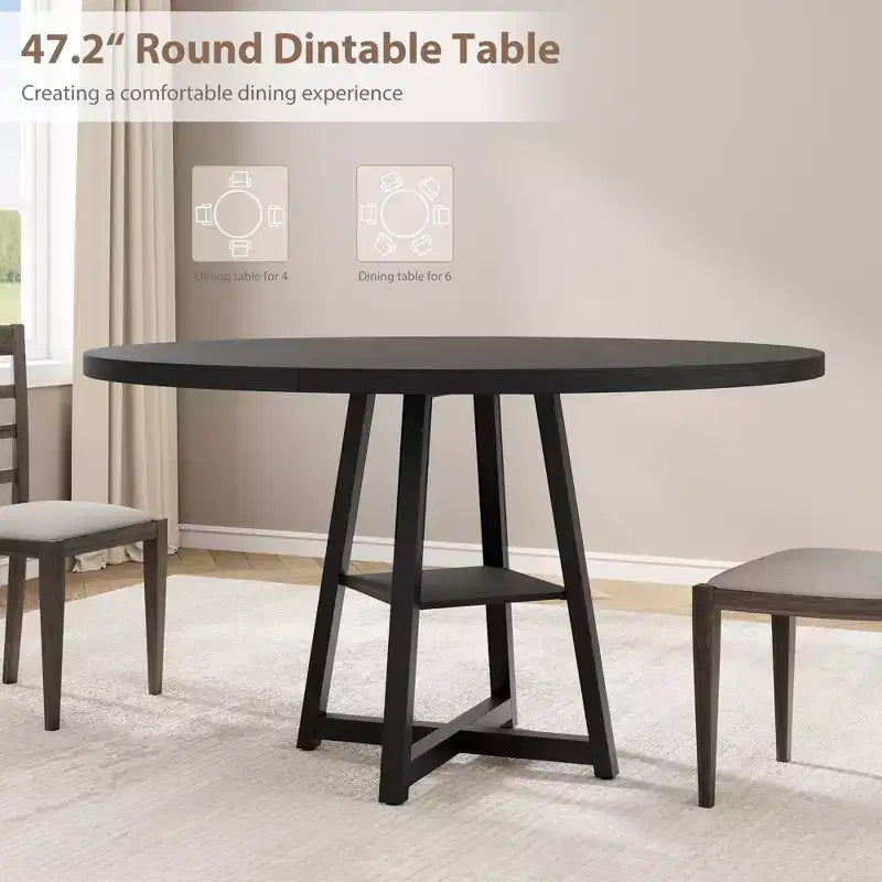 COZONY 47.2 Round Dining Table for 4-6, Industrial Circle Kitchen Table with Storage Shelf, Metal Pedestal Base
