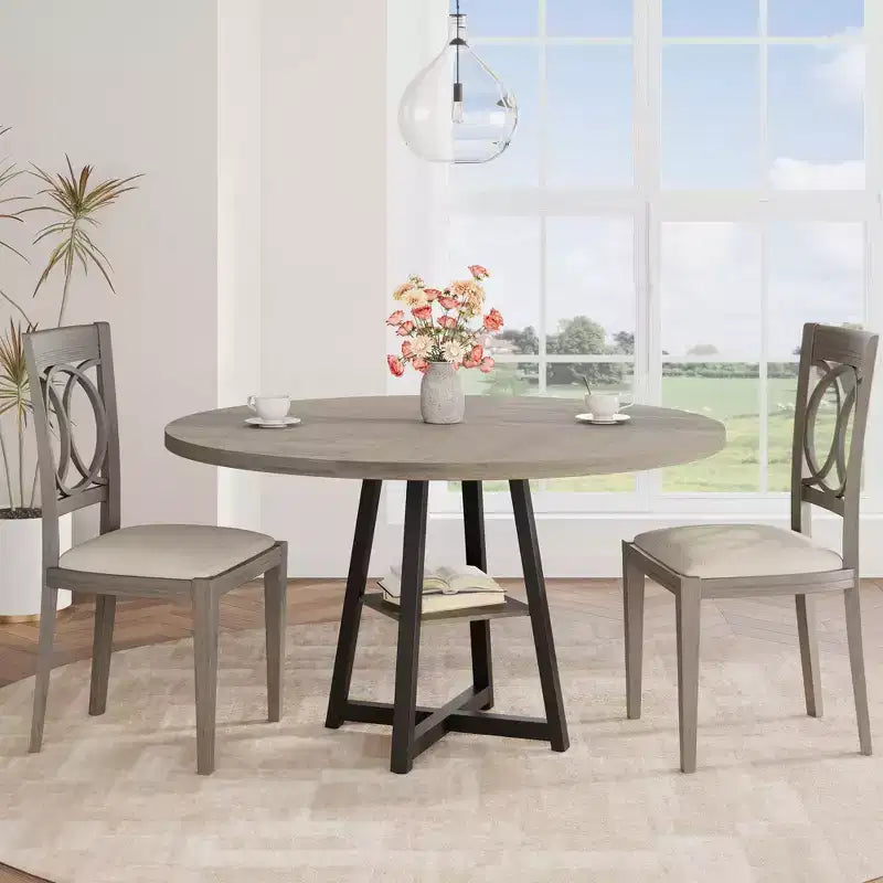 COZONY 47.2 Round Dining Table for 4-6, Industrial Circle Kitchen Table with Storage Shelf, Metal Pedestal Base