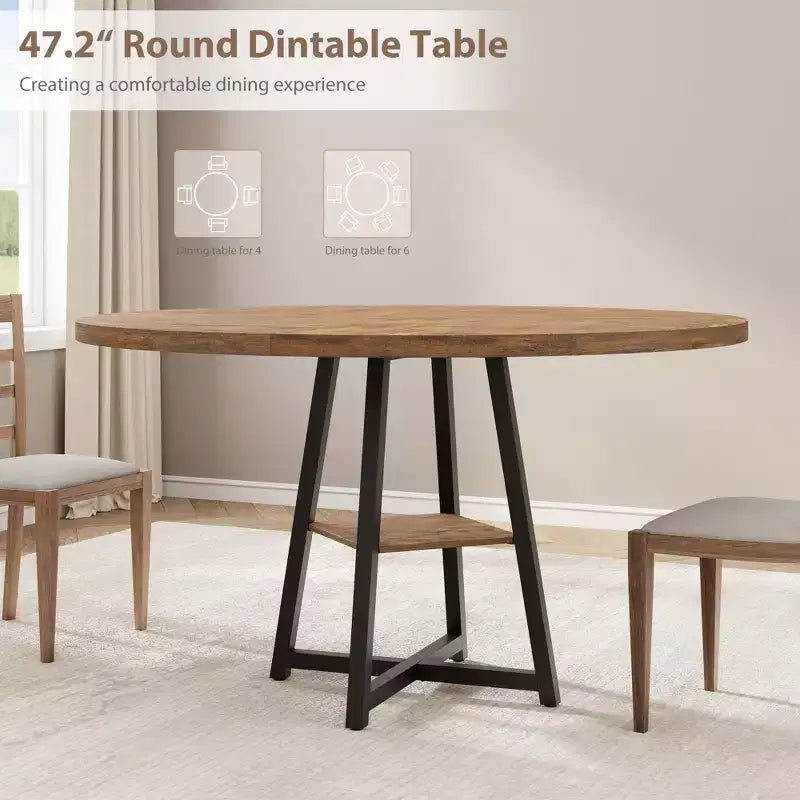 COZONY 47.2 Round Dining Table for 4-6, Industrial Circle Kitchen Table with Storage Shelf, Metal Pedestal Base