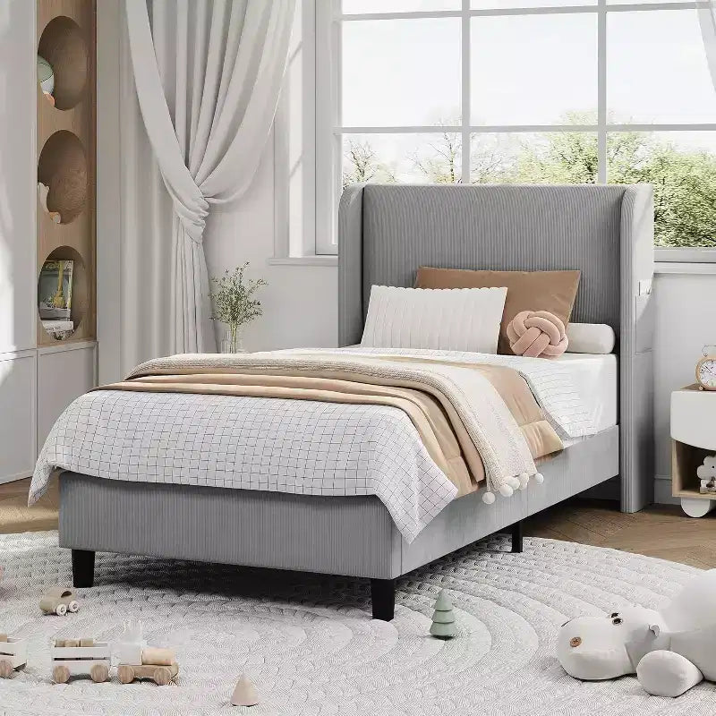 Twin Size Velvet Upholstered Platform Bed Frame,Bed with Wingback Headboard,o Box Spring Required,Wooden Slats Support,Easy Assembly