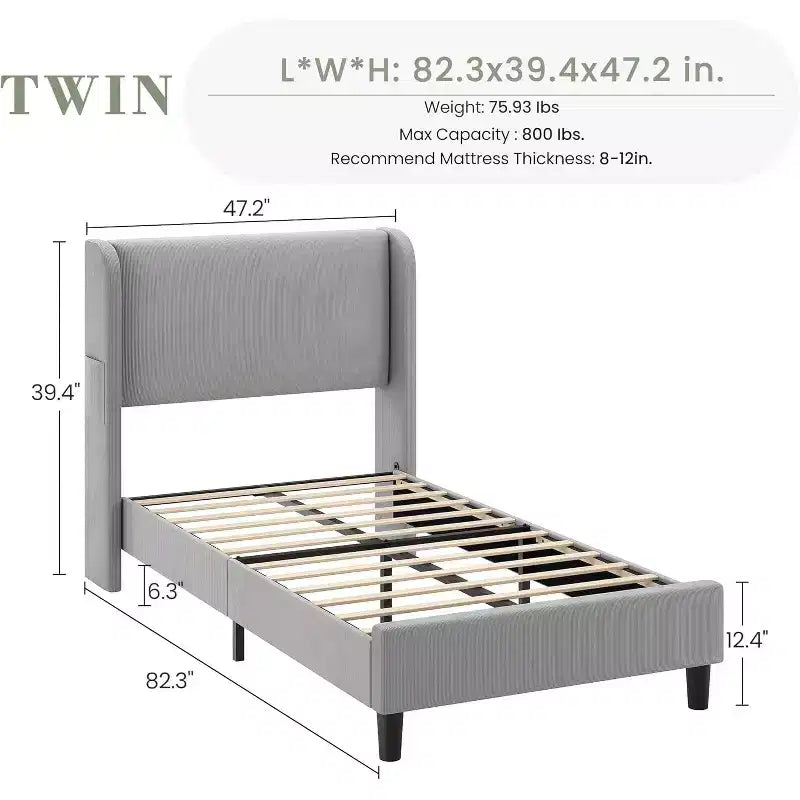 Twin Size Velvet Upholstered Platform Bed Frame,Bed with Wingback Headboard,o Box Spring Required,Wooden Slats Support,Easy Assembly