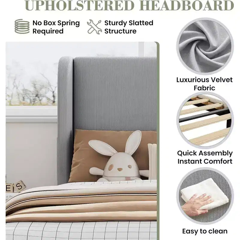 Twin Size Velvet Upholstered Platform Bed Frame,Bed with Wingback Headboard,o Box Spring Required,Wooden Slats Support,Easy Assembly
