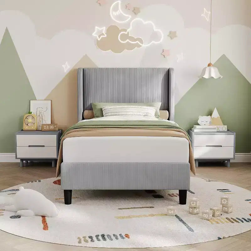 Twin Size Velvet Upholstered Platform Bed Frame,Bed with Wingback Headboard,o Box Spring Required,Wooden Slats Support,Easy Assembly