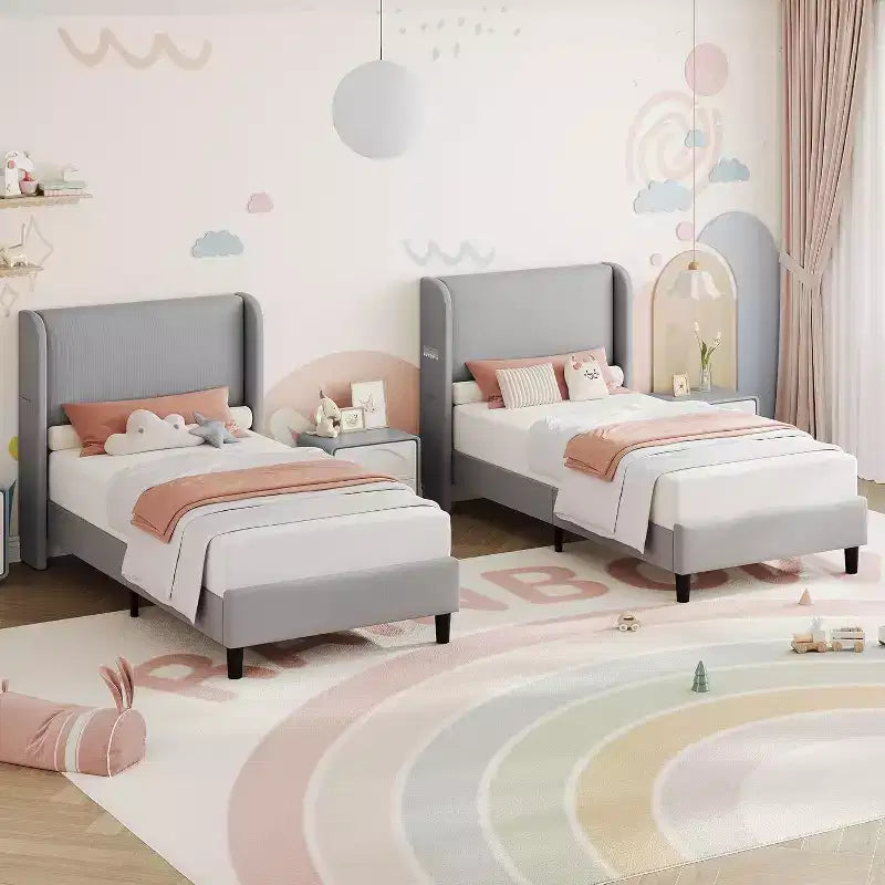 Twin Size Velvet Upholstered Platform Bed Frame,Bed with Wingback Headboard,o Box Spring Required,Wooden Slats Support,Easy Assembly