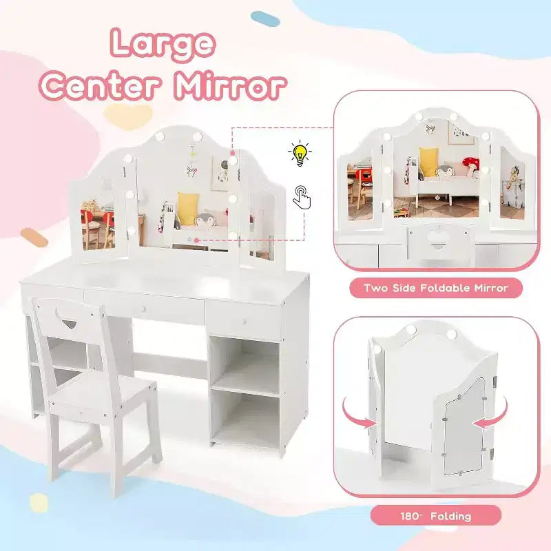 Acekool Kids Vanity Set with Detachable Tri-Folding Mirror, Storage Drawers & Shelves, Makeup Desk & Chair for Girls Bedroom