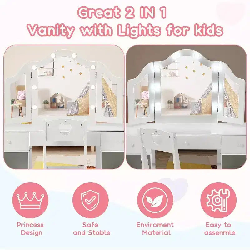 Acekool Kids Vanity Set with Detachable Tri-Folding Mirror, Storage Drawers & Shelves, Makeup Desk & Chair for Girls Bedroom
