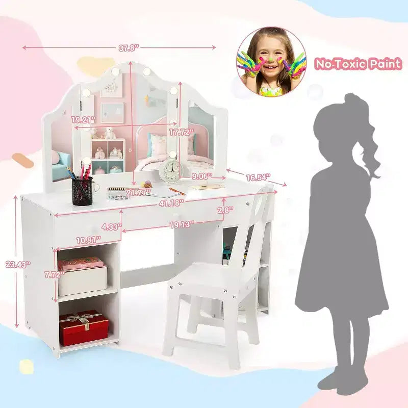 Acekool Kids Vanity Set with Detachable Tri-Folding Mirror, Storage Drawers & Shelves, Makeup Desk & Chair for Girls Bedroom