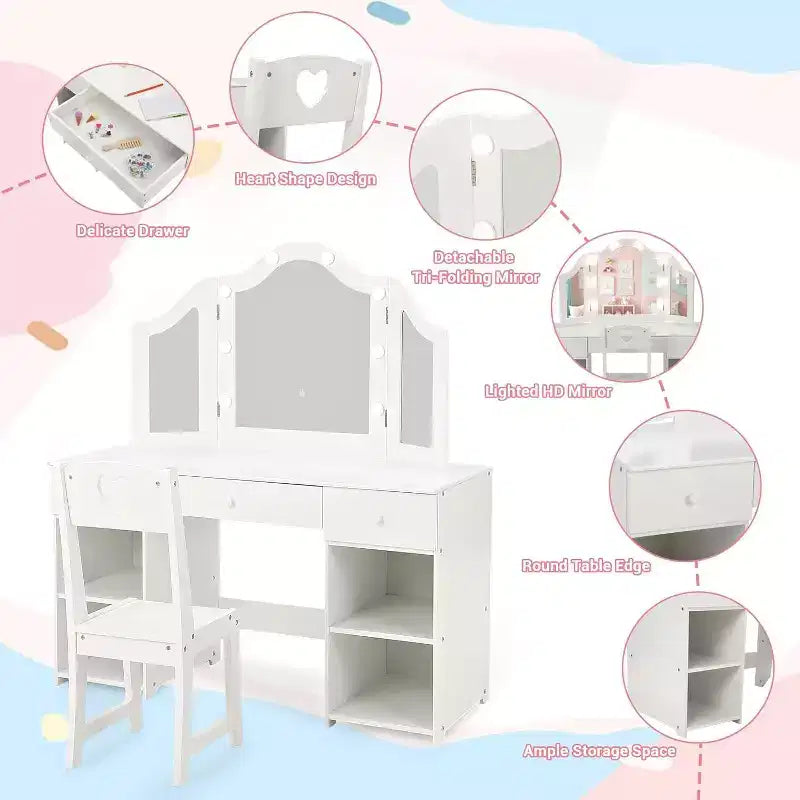 Acekool Kids Vanity Set with Detachable Tri-Folding Mirror, Storage Drawers & Shelves, Makeup Desk & Chair for Girls Bedroom