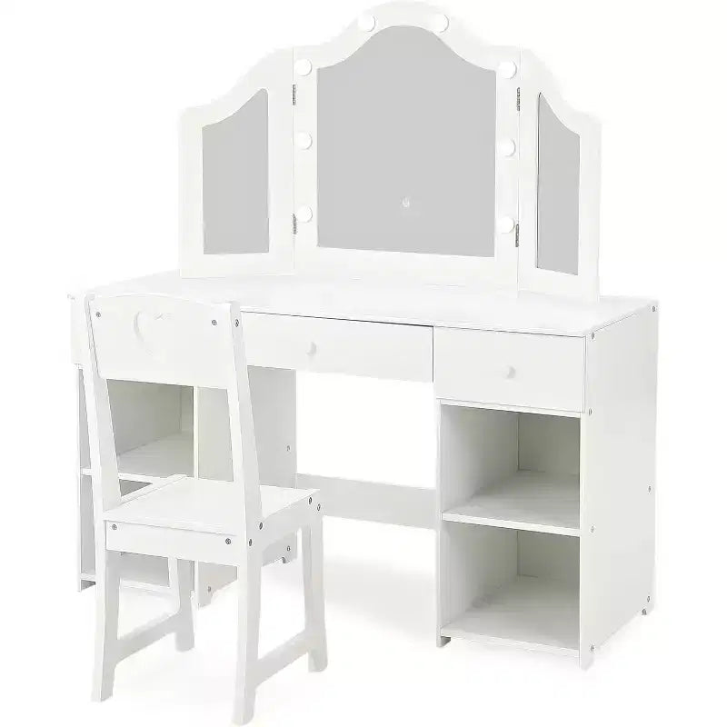 Acekool Kids Vanity Set with Detachable Tri-Folding Mirror, Storage Drawers & Shelves, Makeup Desk & Chair for Girls Bedroom