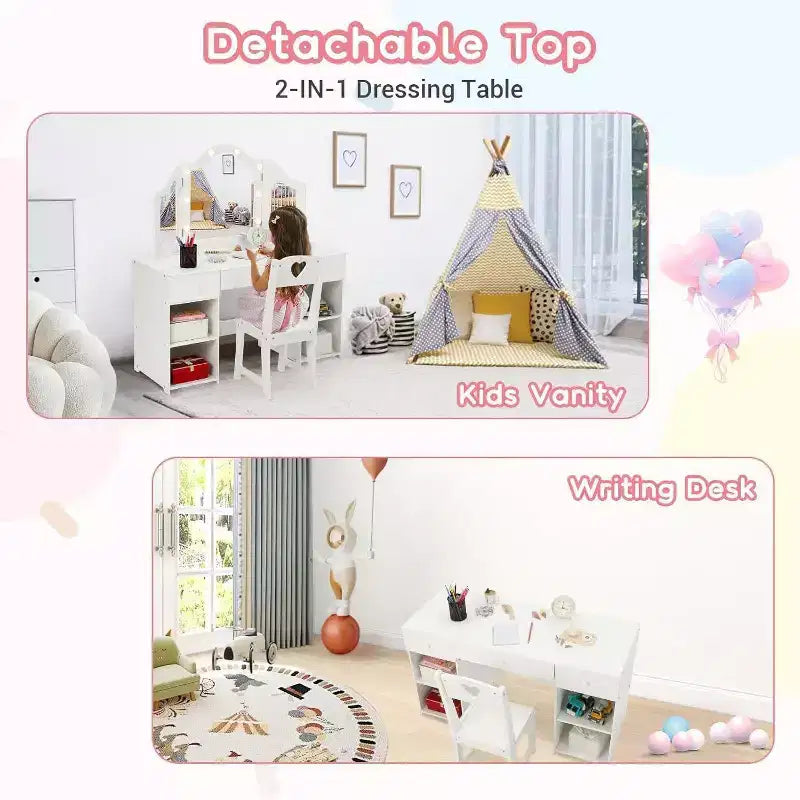 Acekool Kids Vanity Set with Detachable Tri-Folding Mirror, Storage Drawers & Shelves, Makeup Desk & Chair for Girls Bedroom