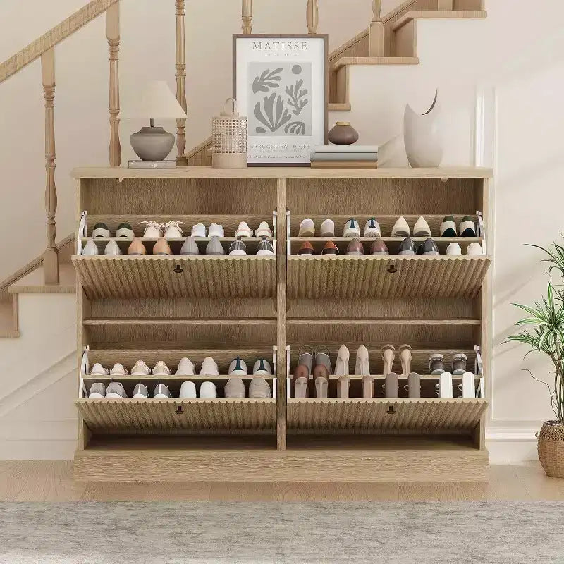 Fluted Wooden Shoe Cabinet with 4 Flip Drawers, Slim Freestanding Shoe Organizer, Adjustable & Removable Shelves for Entryway or Hallway Storage