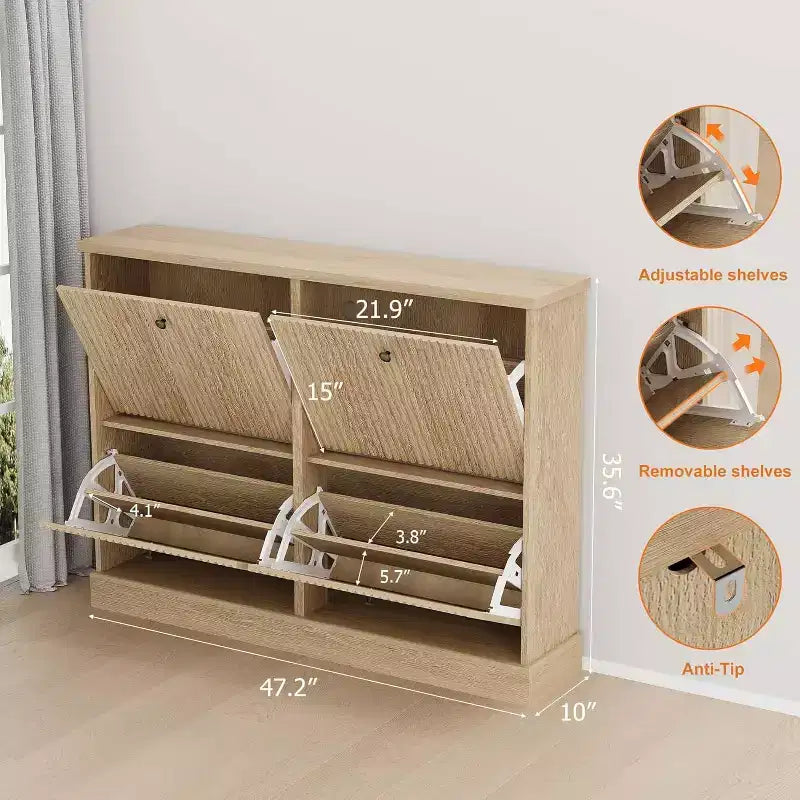 Fluted Wooden Shoe Cabinet with 4 Flip Drawers, Slim Freestanding Shoe Organizer, Adjustable & Removable Shelves for Entryway or Hallway Storage