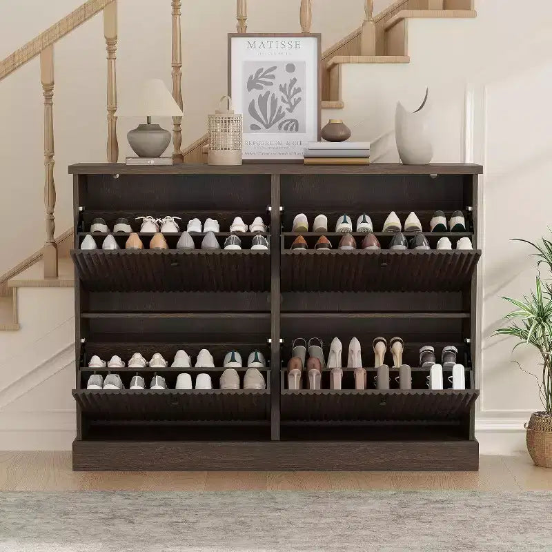 Fluted Wooden Shoe Cabinet with 4 Flip Drawers, Slim Freestanding Shoe Organizer, Adjustable & Removable Shelves for Entryway or Hallway Storage