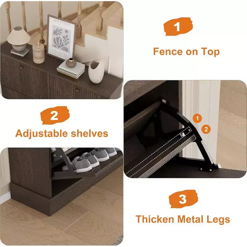 Fluted Wooden Shoe Cabinet with 4 Flip Drawers, Slim Freestanding Shoe Organizer, Adjustable & Removable Shelves for Entryway or Hallway Storage