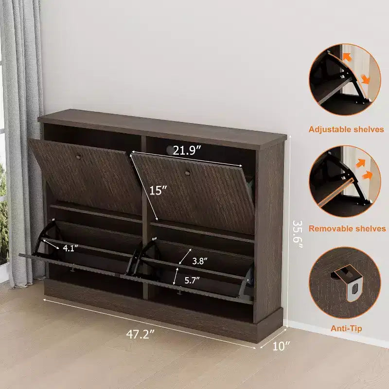 Fluted Wooden Shoe Cabinet with 4 Flip Drawers, Slim Freestanding Shoe Organizer, Adjustable & Removable Shelves for Entryway or Hallway Storage