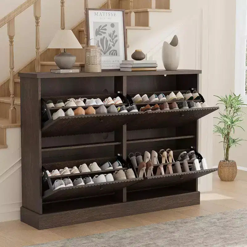 Fluted Wooden Shoe Cabinet with 4 Flip Drawers, Slim Freestanding Shoe Organizer, Adjustable & Removable Shelves for Entryway or Hallway Storage