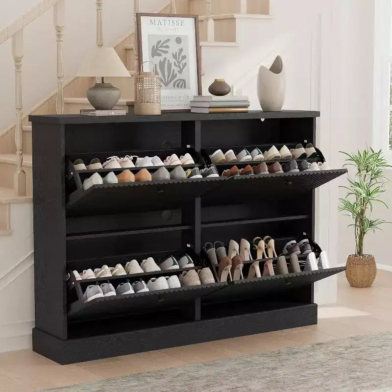 Fluted Wooden Shoe Cabinet with 4 Flip Drawers, Slim Freestanding Shoe Organizer, Adjustable & Removable Shelves for Entryway or Hallway Storage