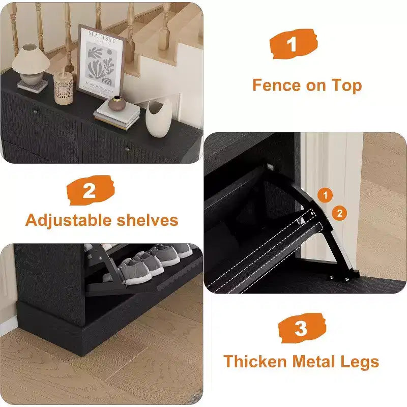 Fluted Wooden Shoe Cabinet with 4 Flip Drawers, Slim Freestanding Shoe Organizer, Adjustable & Removable Shelves for Entryway or Hallway Storage