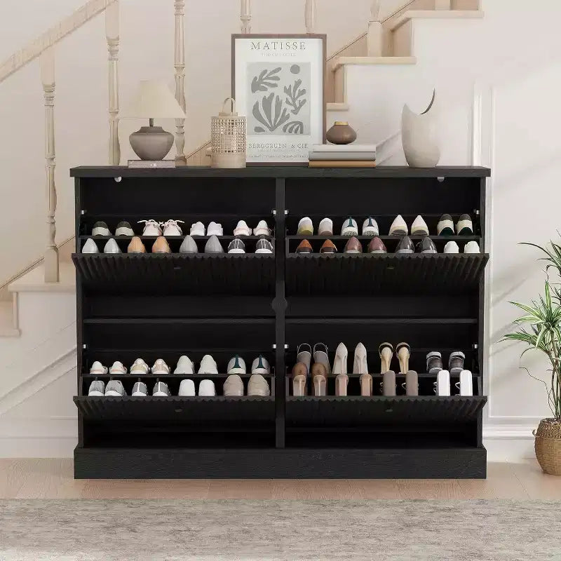 Fluted Wooden Shoe Cabinet with 4 Flip Drawers, Slim Freestanding Shoe Organizer, Adjustable & Removable Shelves for Entryway or Hallway Storage