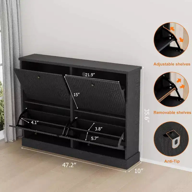 Fluted Wooden Shoe Cabinet with 4 Flip Drawers, Slim Freestanding Shoe Organizer, Adjustable & Removable Shelves for Entryway or Hallway Storage