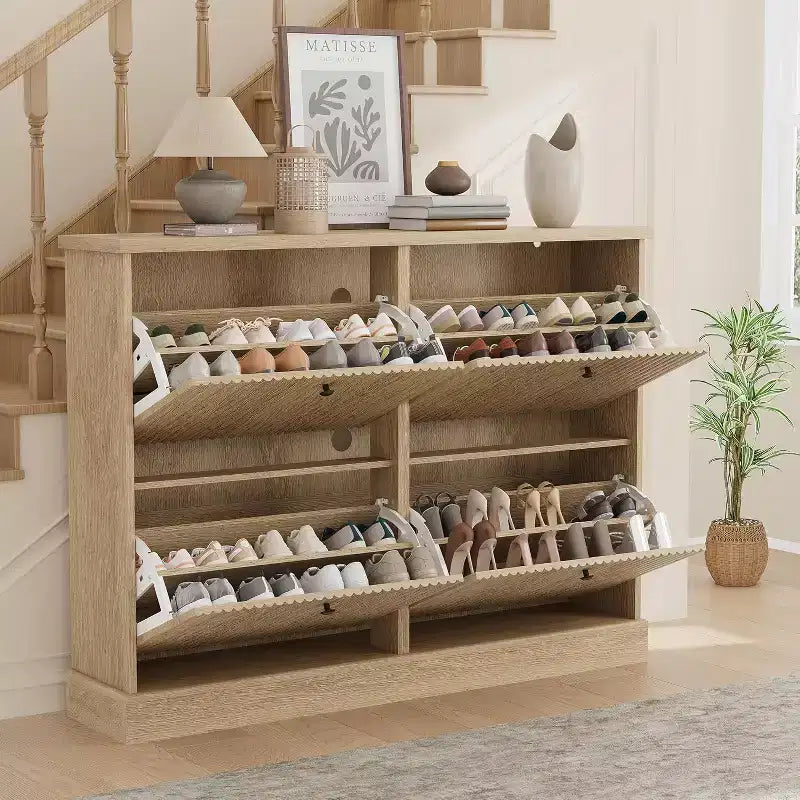 Fluted Wooden Shoe Cabinet with 4 Flip Drawers, Slim Freestanding Shoe Organizer, Adjustable & Removable Shelves for Entryway or Hallway Storage