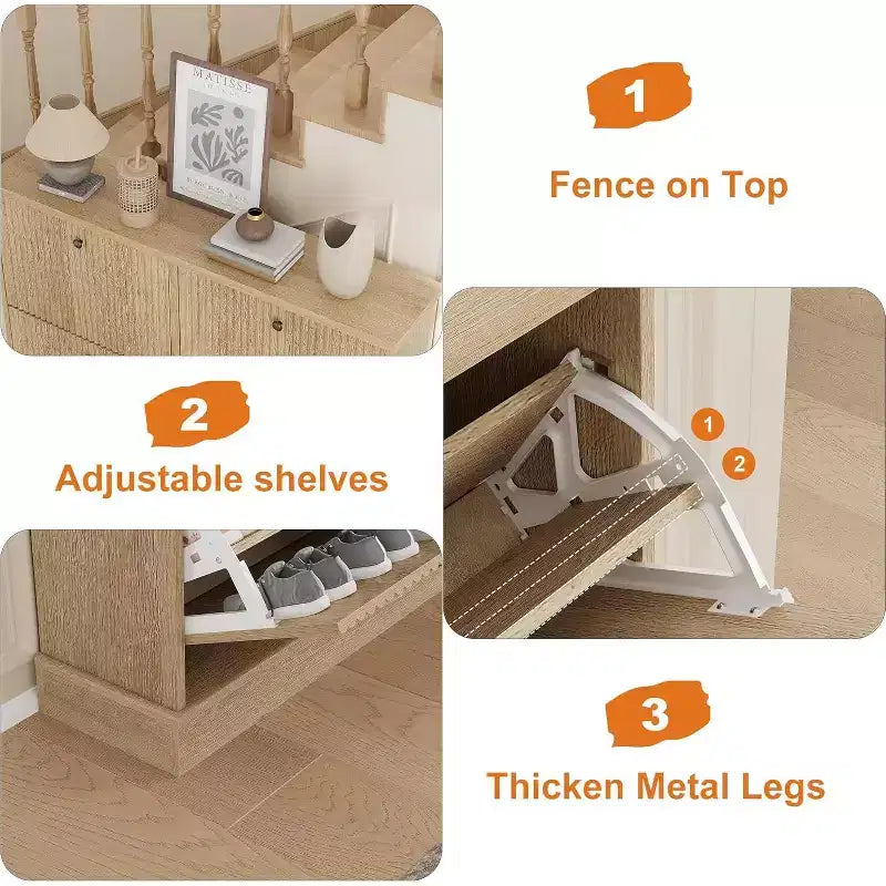 Fluted Wooden Shoe Cabinet with 4 Flip Drawers, Slim Freestanding Shoe Organizer, Adjustable & Removable Shelves for Entryway or Hallway Storage