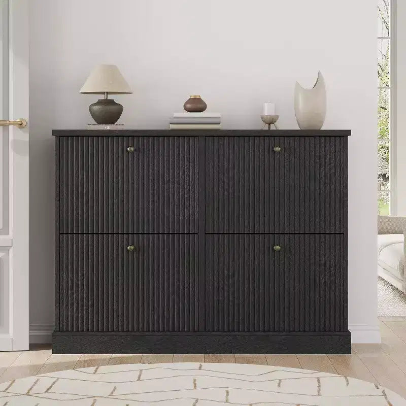 Fluted Wooden Shoe Cabinet with 4 Flip Drawers, Slim Freestanding Shoe Organizer, Adjustable & Removable Shelves for Entryway or Hallway Storage