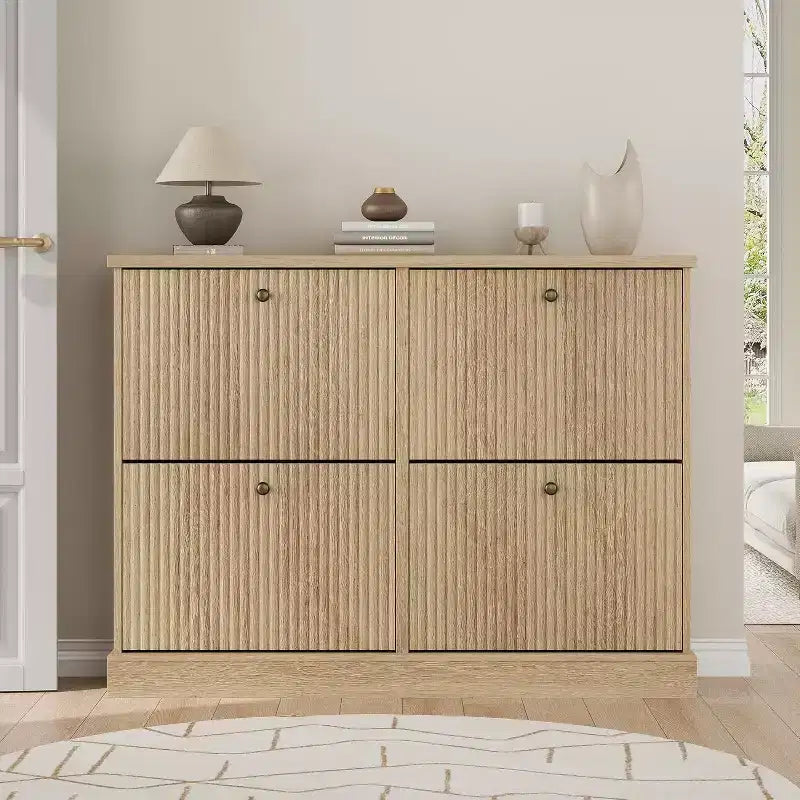 Fluted Wooden Shoe Cabinet with 4 Flip Drawers, Slim Freestanding Shoe Organizer, Adjustable & Removable Shelves for Entryway or Hallway Storage