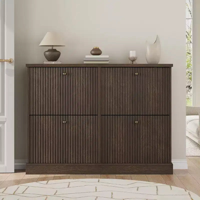 Fluted Wooden Shoe Cabinet with 4 Flip Drawers, Slim Freestanding Shoe Organizer, Adjustable & Removable Shelves for Entryway or Hallway Storage