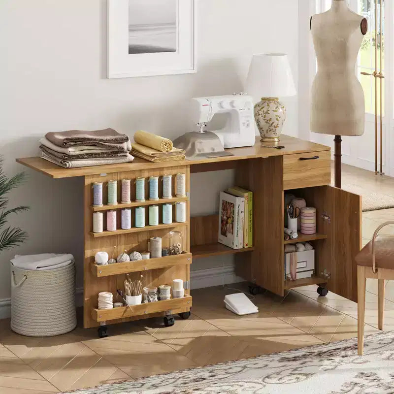 COZONY Folding Sewing Table with Storage, Locking Wheels & Sliding Drawer - Mobile Craft Station for Small Spaces