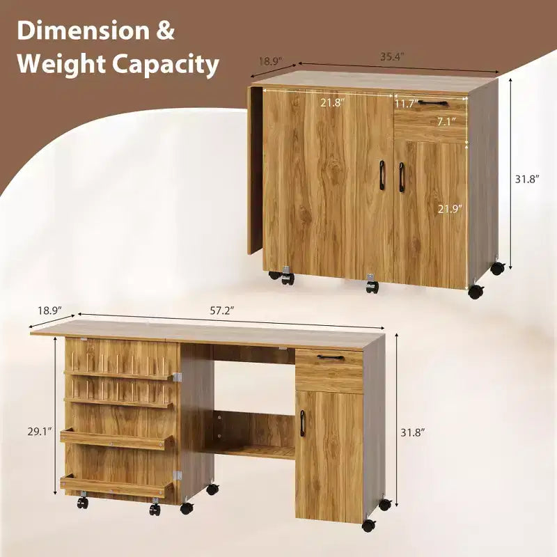 COZONY Folding Sewing Table with Storage, Locking Wheels & Sliding Drawer - Mobile Craft Station for Small Spaces