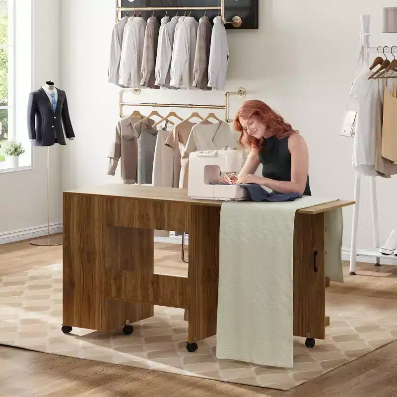 COZONY Folding Sewing Table with Storage, Locking Wheels & Sliding Drawer - Mobile Craft Station for Small Spaces