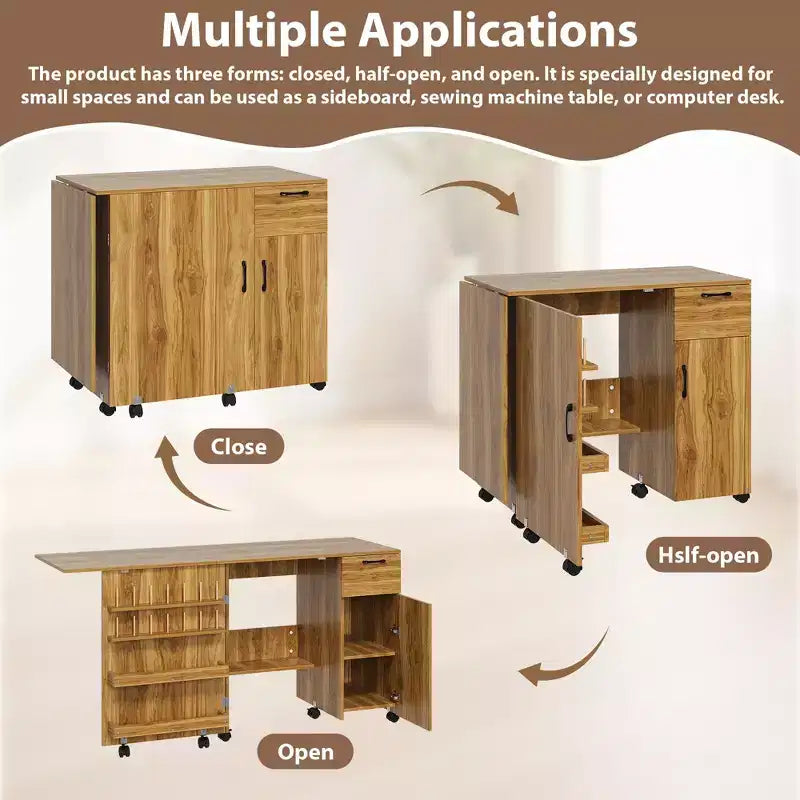 COZONY Folding Sewing Table with Storage, Locking Wheels & Sliding Drawer - Mobile Craft Station for Small Spaces