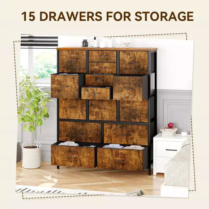 Storage Dresser, Fabric Dresser 15-Drawer Tall Organizer with Wood Top & Metal Structure for Bedroom Living Room Hallway Entryway