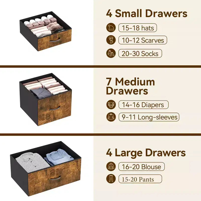 Storage Dresser, Fabric Dresser 15-Drawer Tall Organizer with Wood Top & Metal Structure for Bedroom Living Room Hallway Entryway