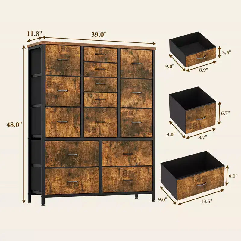 Storage Dresser, Fabric Dresser 15-Drawer Tall Organizer with Wood Top & Metal Structure for Bedroom Living Room Hallway Entryway