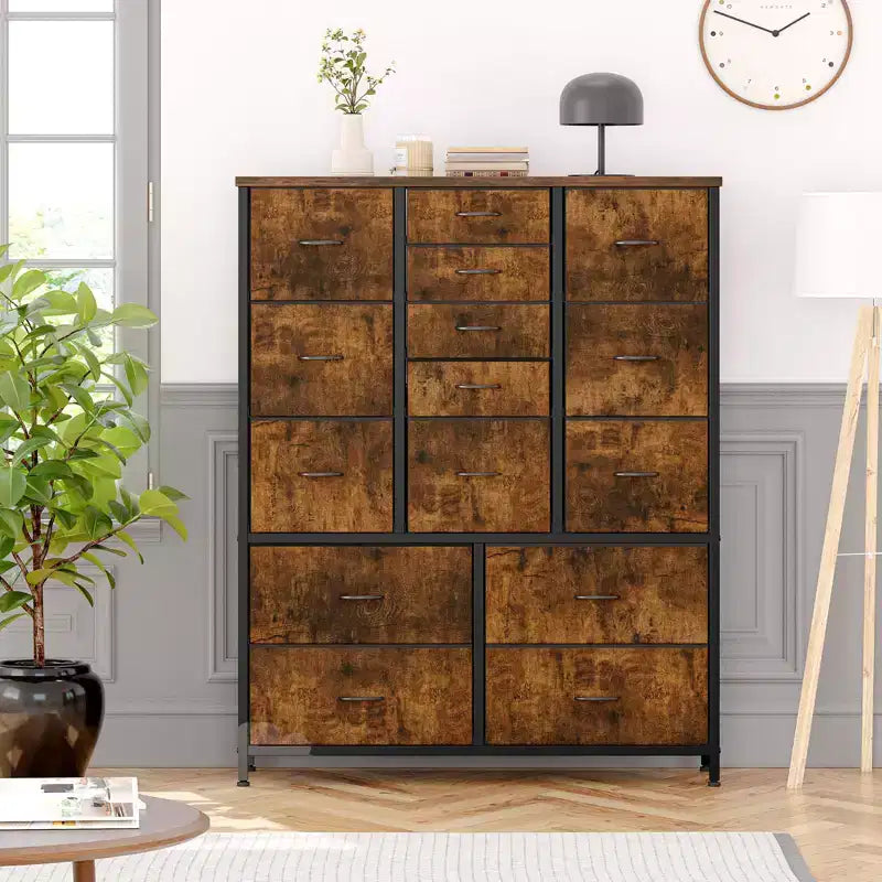 Storage Dresser, Fabric Dresser 15-Drawer Tall Organizer with Wood Top & Metal Structure for Bedroom Living Room Hallway Entryway