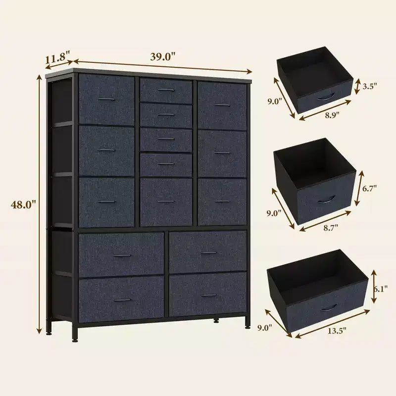 Storage Dresser, Fabric Dresser 15-Drawer Tall Organizer with Wood Top & Metal Structure for Bedroom Living Room Hallway Entryway