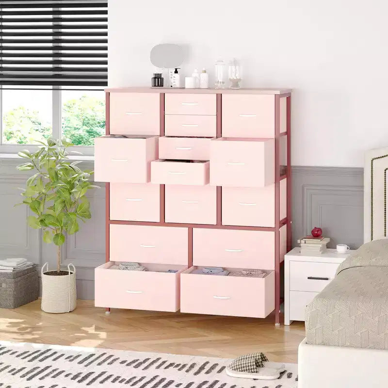 Storage Dresser, Fabric Dresser 15-Drawer Tall Organizer with Wood Top & Metal Structure for Bedroom Living Room Hallway Entryway
