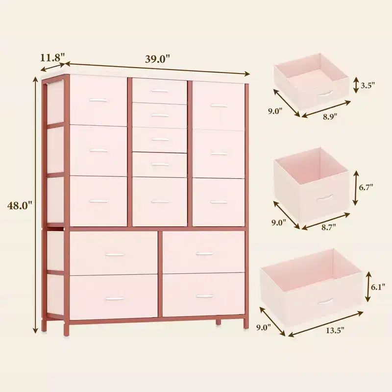 Storage Dresser, Fabric Dresser 15-Drawer Tall Organizer with Wood Top & Metal Structure for Bedroom Living Room Hallway Entryway
