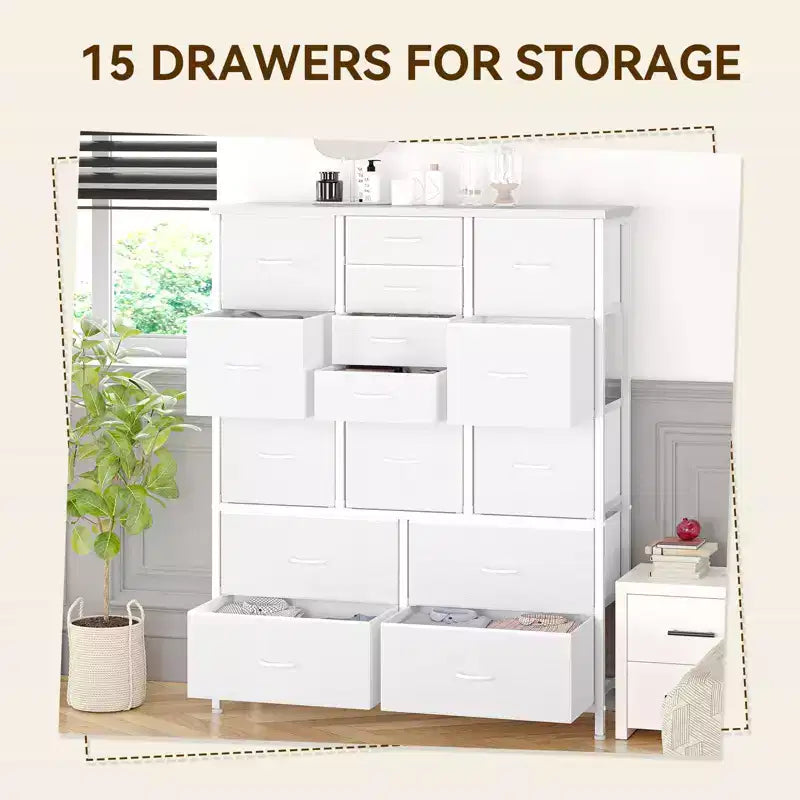 Storage Dresser, Fabric Dresser 15-Drawer Tall Organizer with Wood Top & Metal Structure for Bedroom Living Room Hallway Entryway