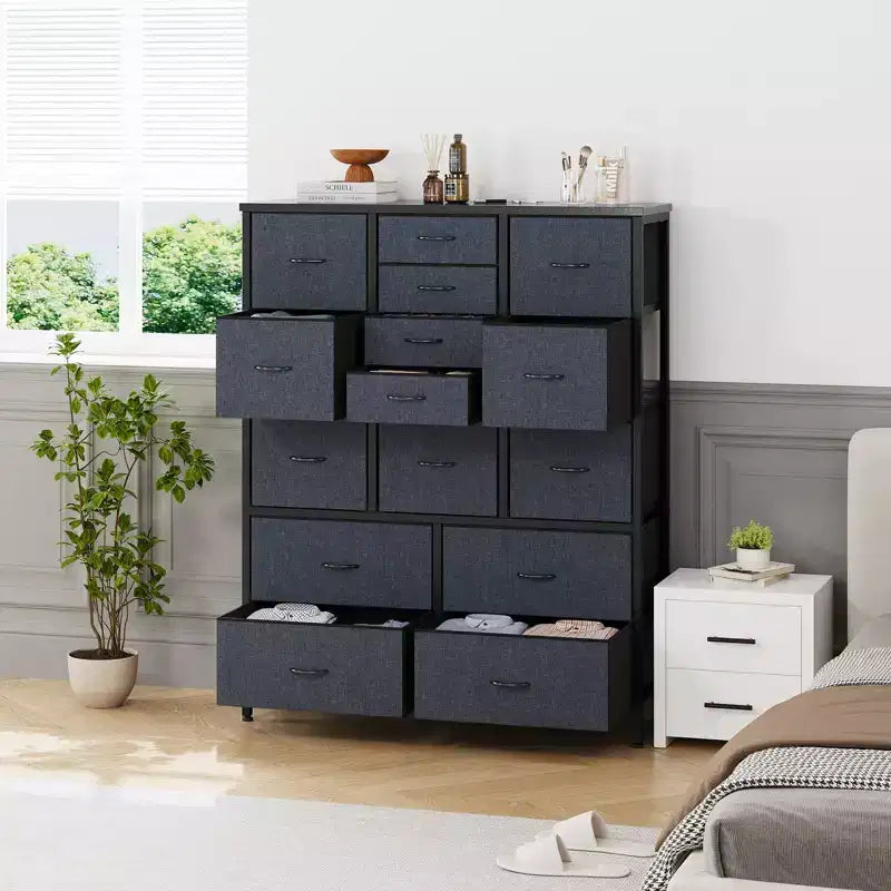 Storage Dresser, Fabric Dresser 15-Drawer Tall Organizer with Wood Top & Metal Structure for Bedroom Living Room Hallway Entryway