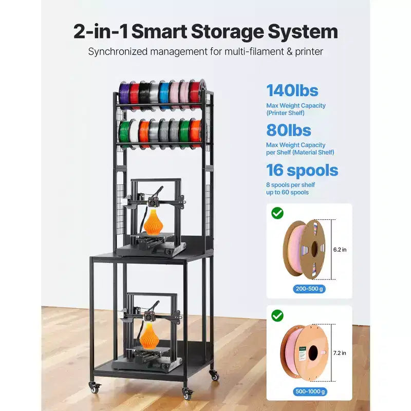 VEVOR 3D Printer Filament Storage Rack, 4-Tier 3D Printer Stand with Filament Storage, Spools Holder Racks Cart with Wheels, Black