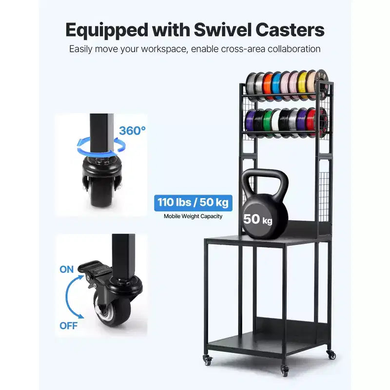VEVOR 3D Printer Filament Storage Rack, 4-Tier 3D Printer Stand with Filament Storage, Spools Holder Racks Cart with Wheels, Black
