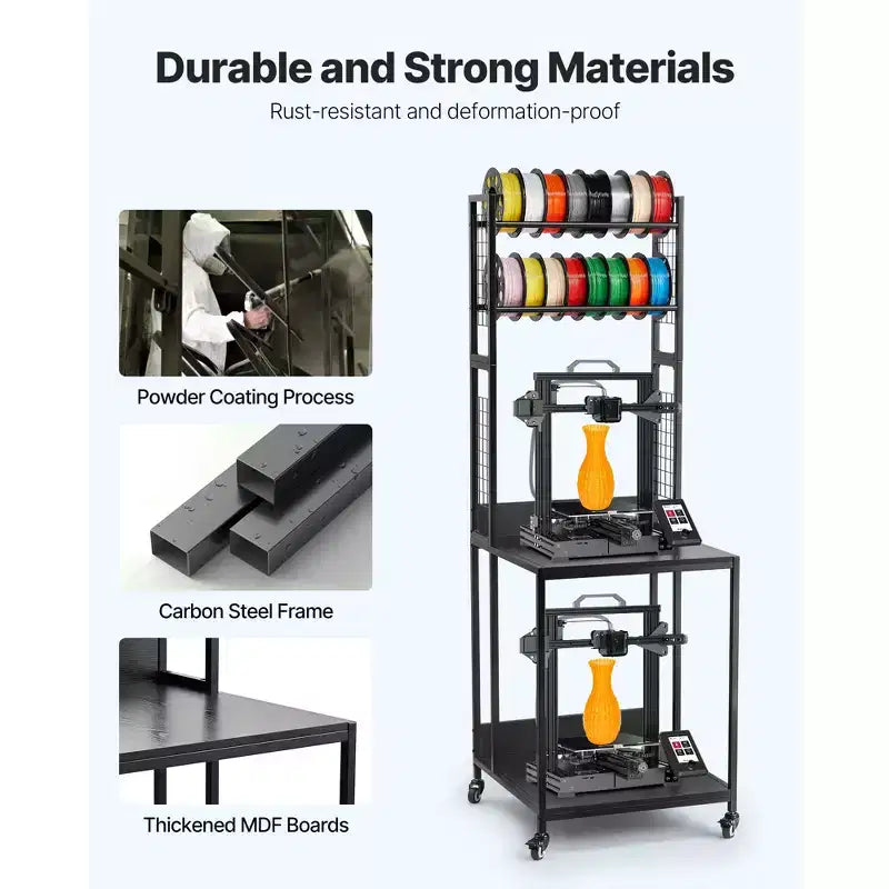 VEVOR 3D Printer Filament Storage Rack, 4-Tier 3D Printer Stand with Filament Storage, Spools Holder Racks Cart with Wheels, Black