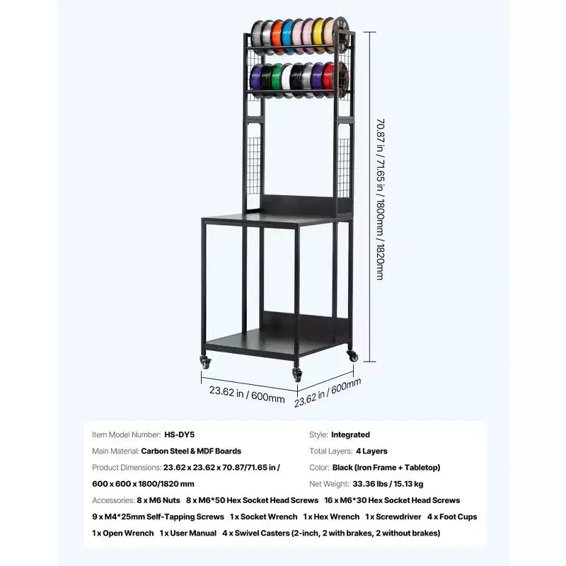 VEVOR 3D Printer Filament Storage Rack, 4-Tier 3D Printer Stand with Filament Storage, Spools Holder Racks Cart with Wheels, Black